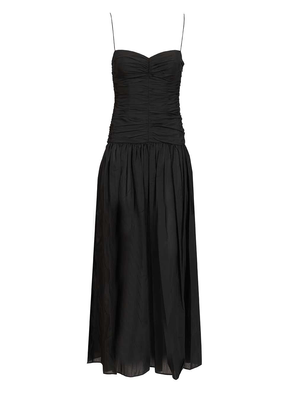 Gathered Drop Waist Dress Black Organic Cotton Silk