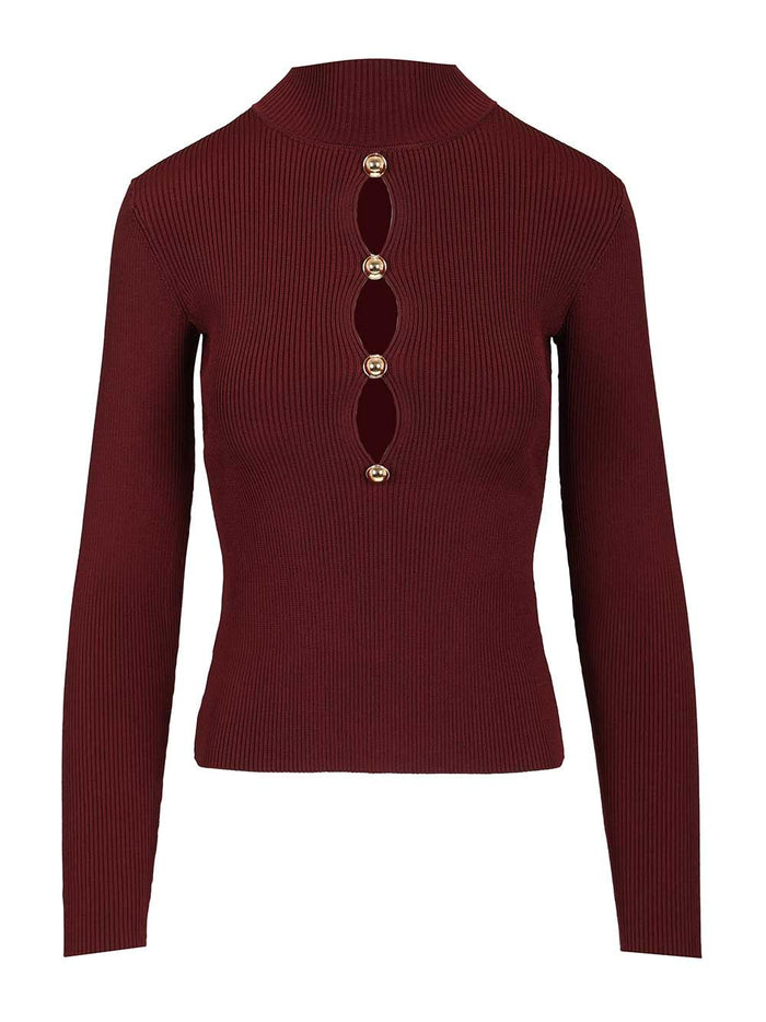 Long-Sleeved Knitted Top With Keyhole Bordeaux Main:vi Pes Pa Ea Knitwear