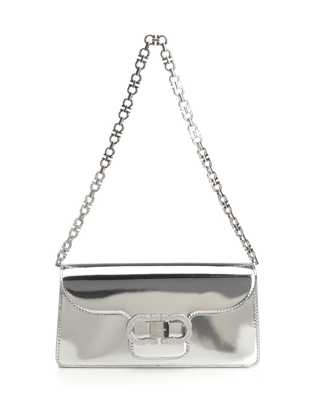 Double Gancini chain mini bag Silver Calf Lamb Lining Shoulder
