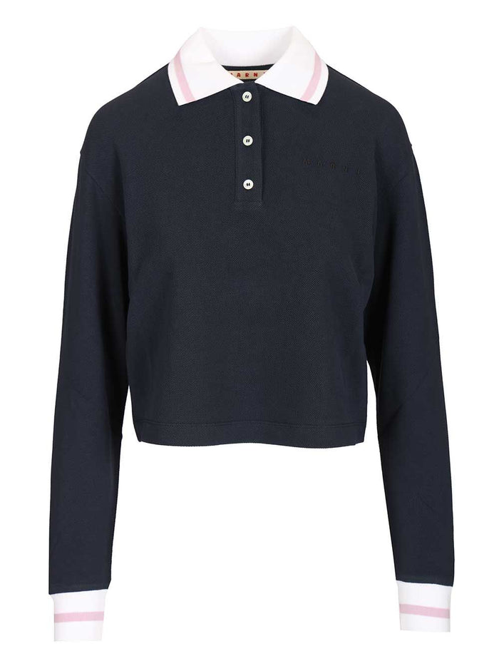 Long-sleeved cotton piqué polo shirt Blue Primary Fabric: Knit