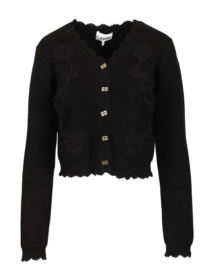 Cotton Cashmere Crochet Applique Cardigan Black Org Co Knitwear