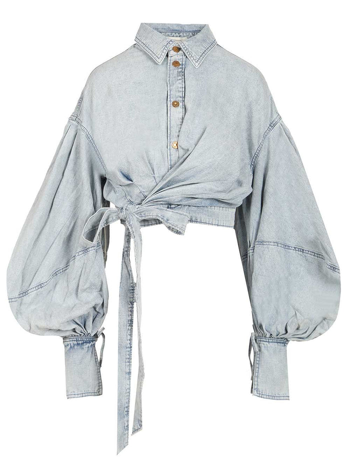 Rebellion Denim Wrap Top Blue Cotton Tops
