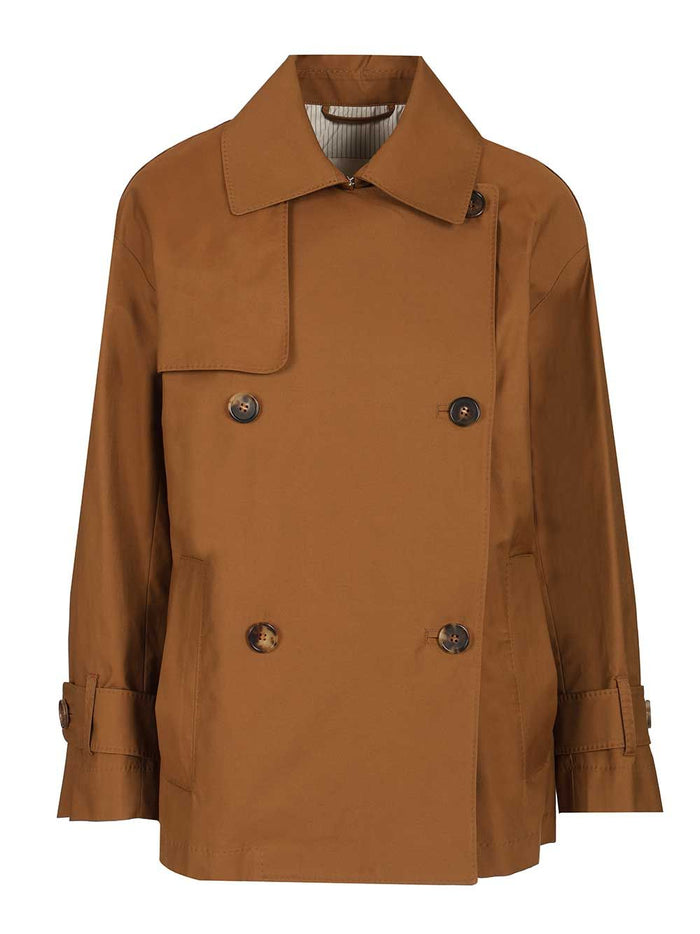 Short double-breasted trench coat in water-repellent cotton Brown