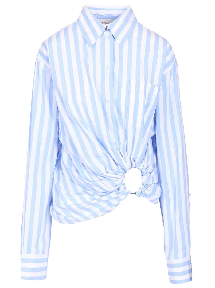 Striped shirt in gathered cotton poplin Light Blue