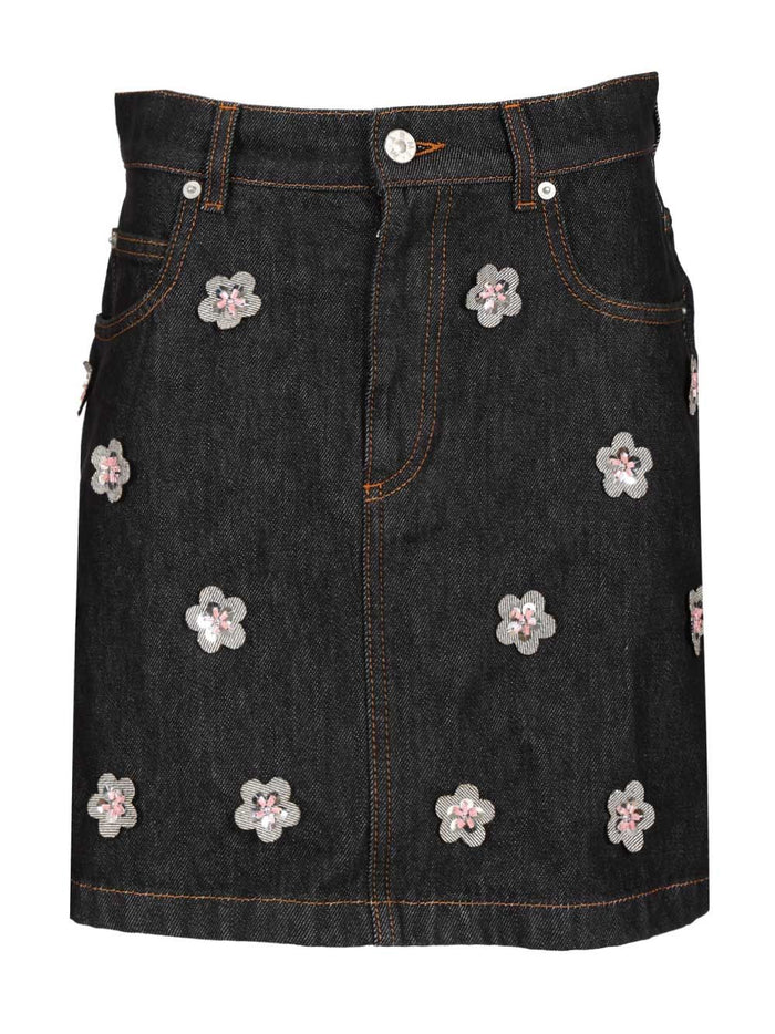 Black denim skirt with daisy appliques Blue