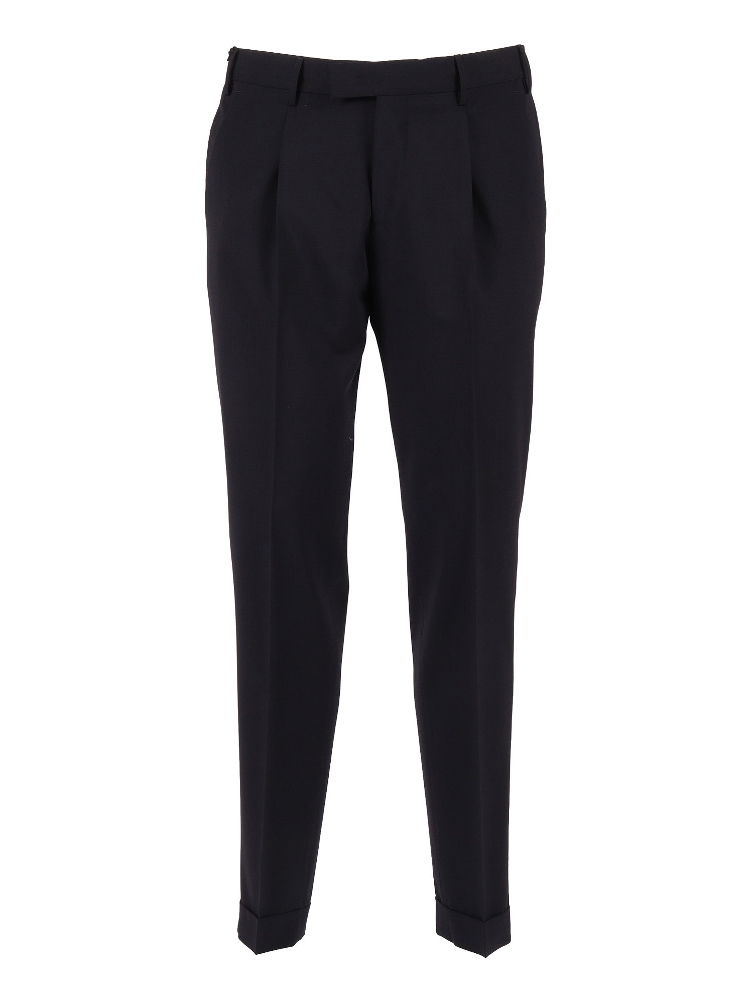 MASTER, 1 Pleat, Diagonal Pockets, Flap Back Turn-Up Blue Virgin Wool Elastane Pant