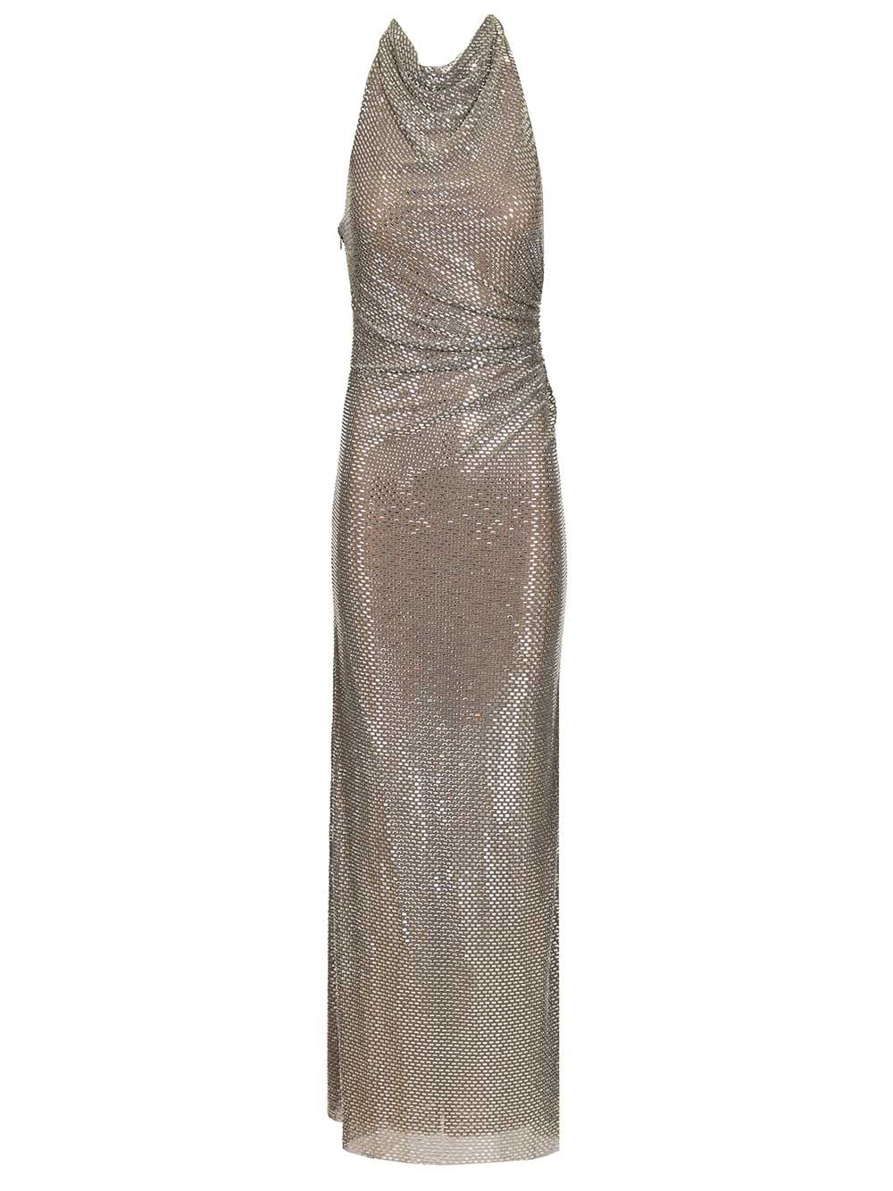 GREY RHINESTONE DRAPE MAXI DRESS Main Pesea Liningpesea