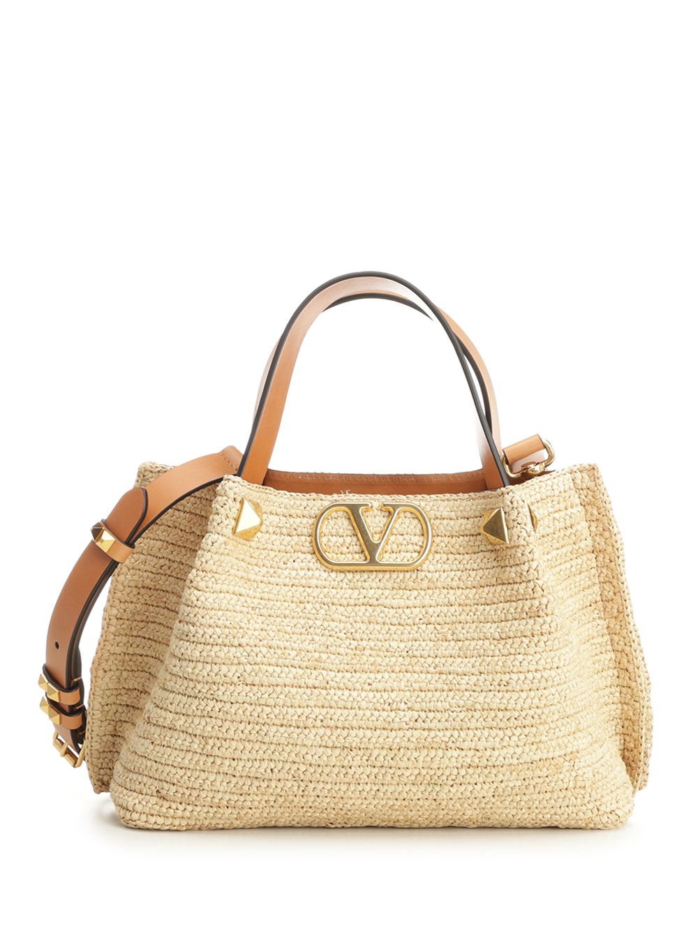 SMALL TOTE | VLOGO SIGNATURE CROCHET RAFIA-VAC.LISCIA-A.BRASS MACRO S Beige Pgexternal Material Handbags