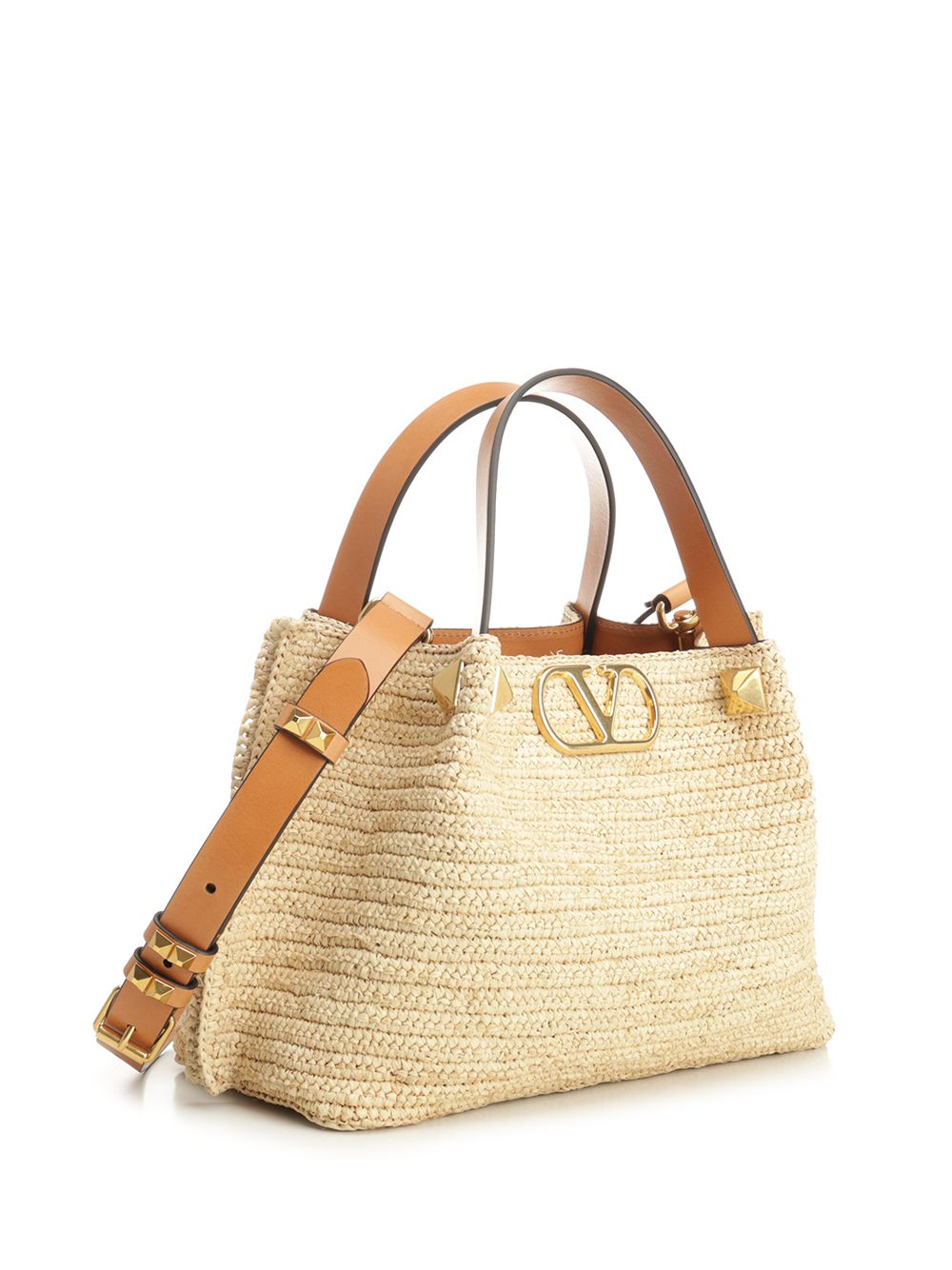 SMALL TOTE | VLOGO SIGNATURE CROCHET RAFIA-VAC.LISCIA-A.BRASS MACRO S Beige Pgexternal Material Handbags