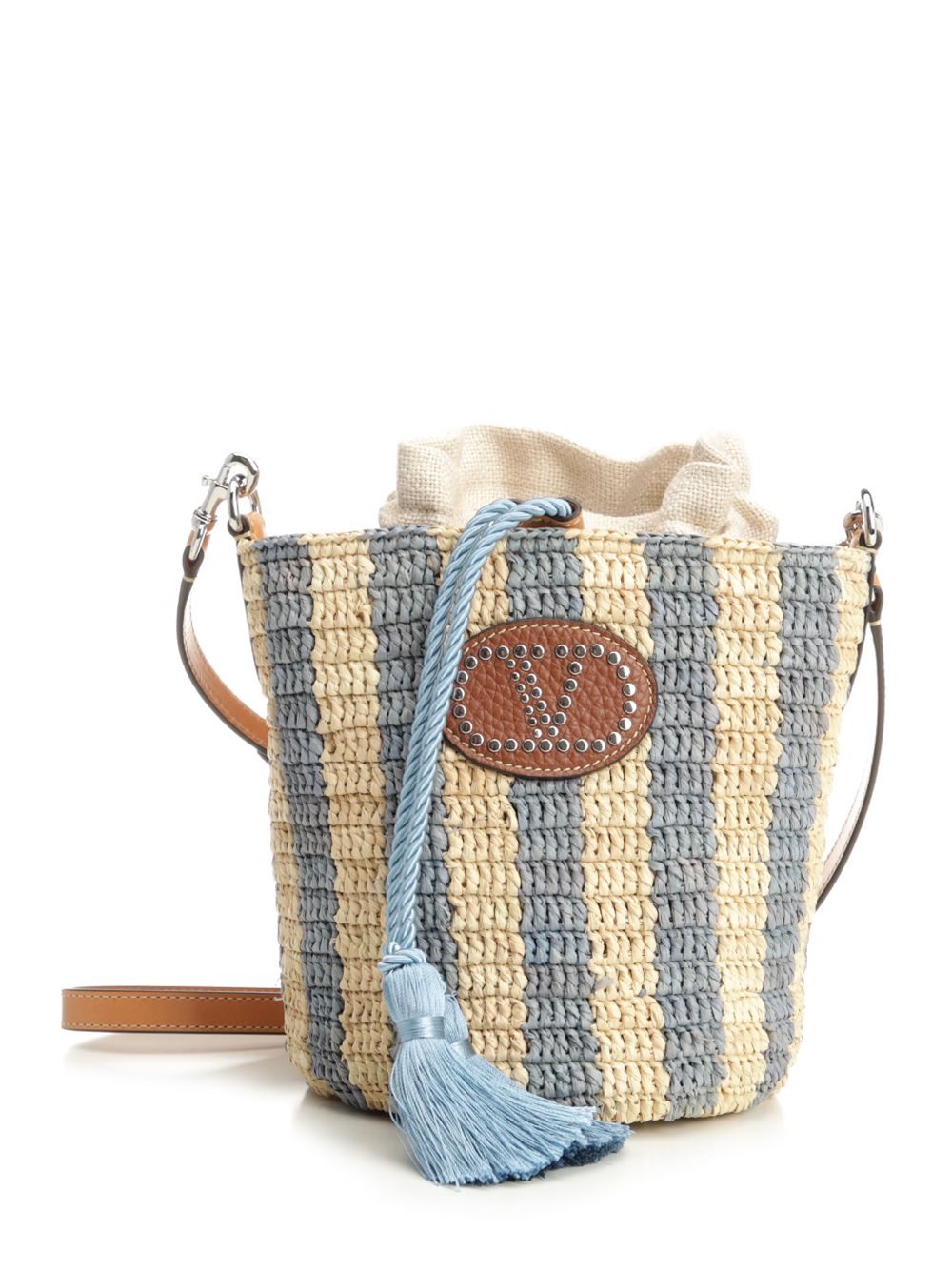 Small Bucket Bag | Vlogo Signature Crochet Rafia Stripes-Lino-Vac.liscia-To Light Blue Pgexternal Material Crossbody