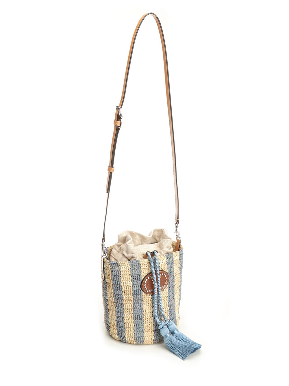 Small Bucket Bag | Vlogo Signature Crochet Rafia Stripes-Lino-Vac.liscia-To Light Blue Pgexternal Material Crossbody