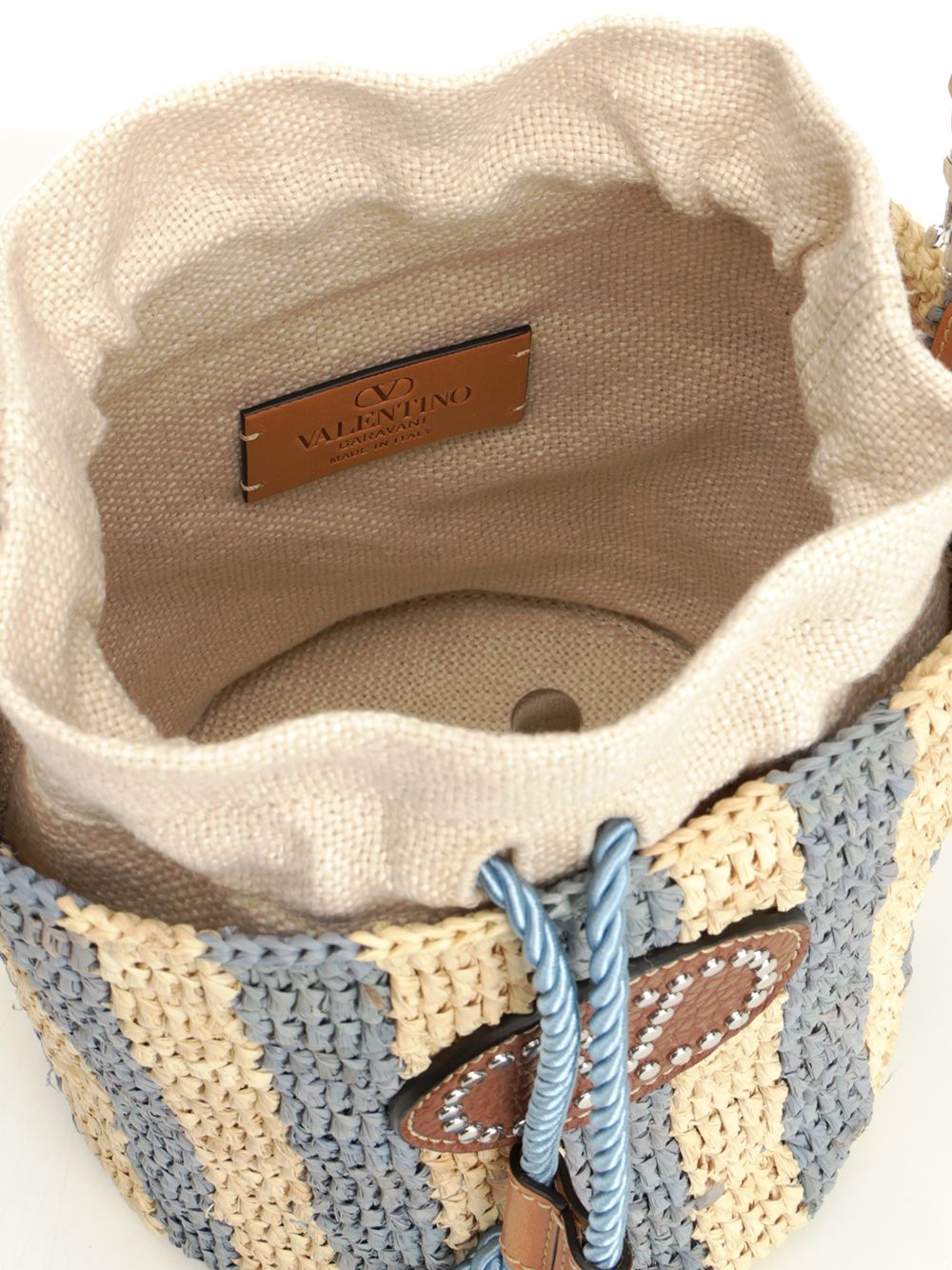 Small Bucket Bag | Vlogo Signature Crochet Rafia Stripes-Lino-Vac.liscia-To Light Blue Pgexternal Material Crossbody