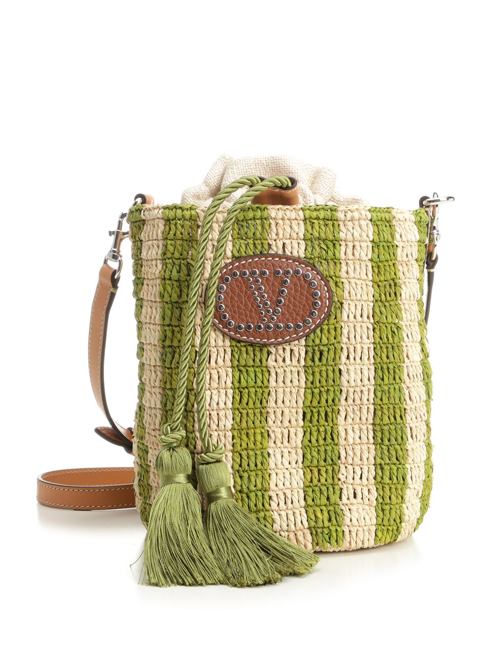Small Bucket Bag | Vlogo Signature Crochet Rafia Stripes-Lino-Vac.liscia-To Green Pgexternal Material Crossbody