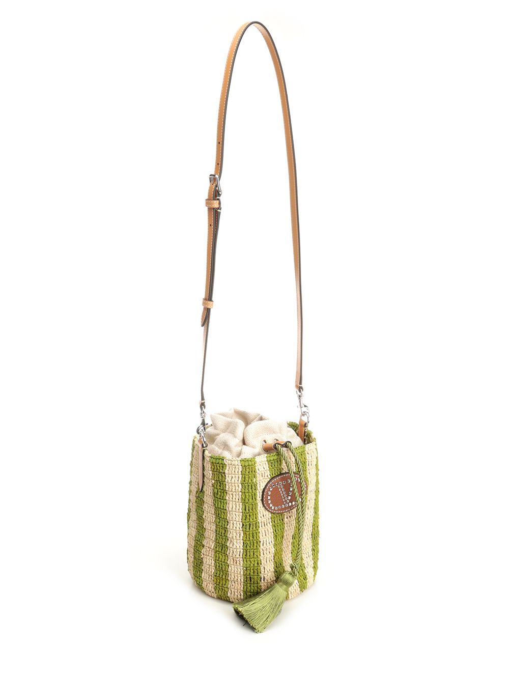 Small Bucket Bag | Vlogo Signature Crochet Rafia Stripes-Lino-Vac.liscia-To Green Pgexternal Material Crossbody
