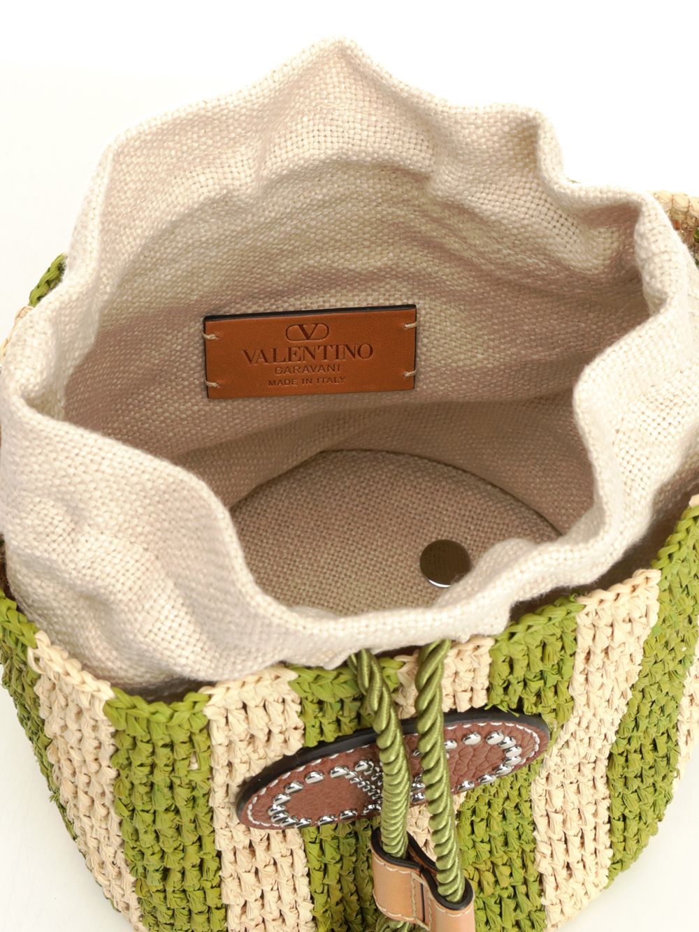Small Bucket Bag | Vlogo Signature Crochet Rafia Stripes-Lino-Vac.liscia-To Green Pgexternal Material Crossbody