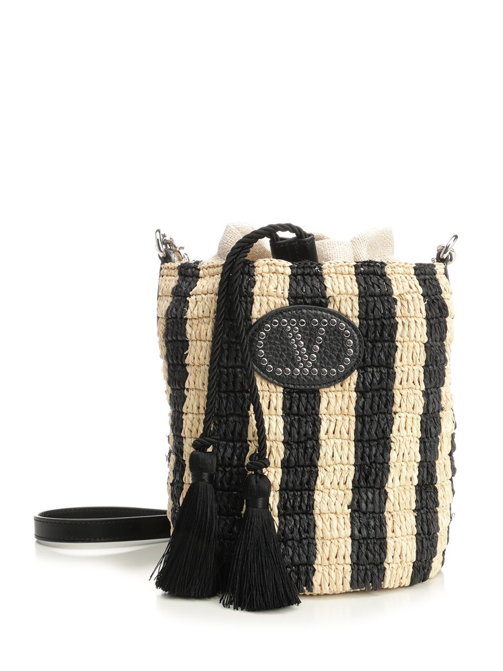 Small Bucket Bag | Vlogo Signature Crochet Rafia Stripes-Lino-Vac.liscia-To Black Pgexternal Material Crossbody