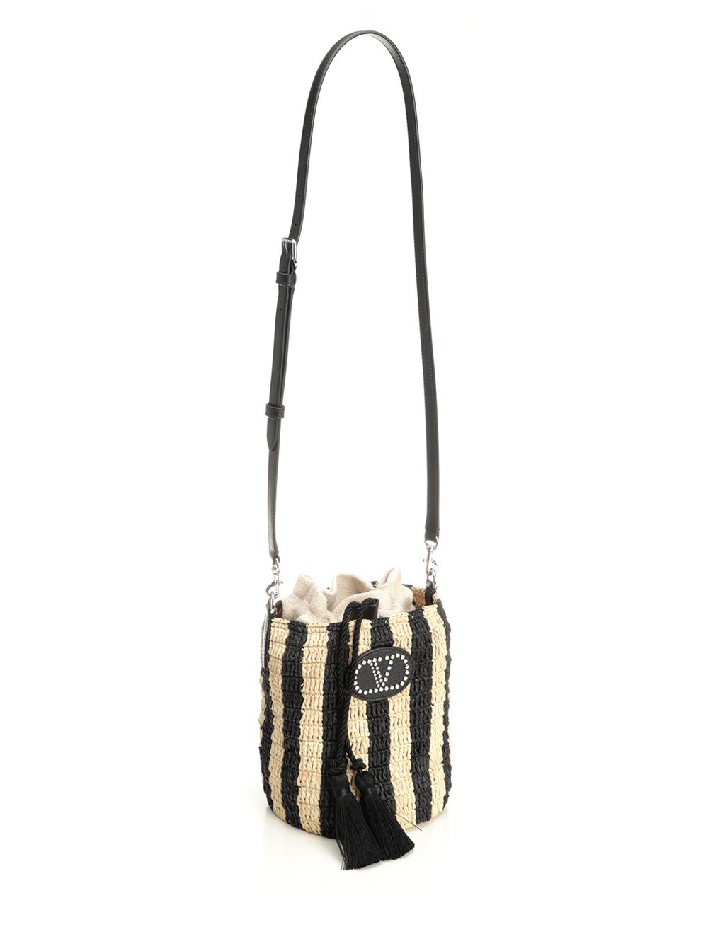 Small Bucket Bag | Vlogo Signature Crochet Rafia Stripes-Lino-Vac.liscia-To Black Pgexternal Material Crossbody