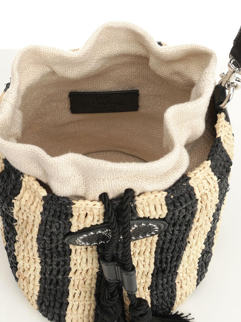 Small Bucket Bag | Vlogo Signature Crochet Rafia Stripes-Lino-Vac.liscia-To Black Pgexternal Material Crossbody