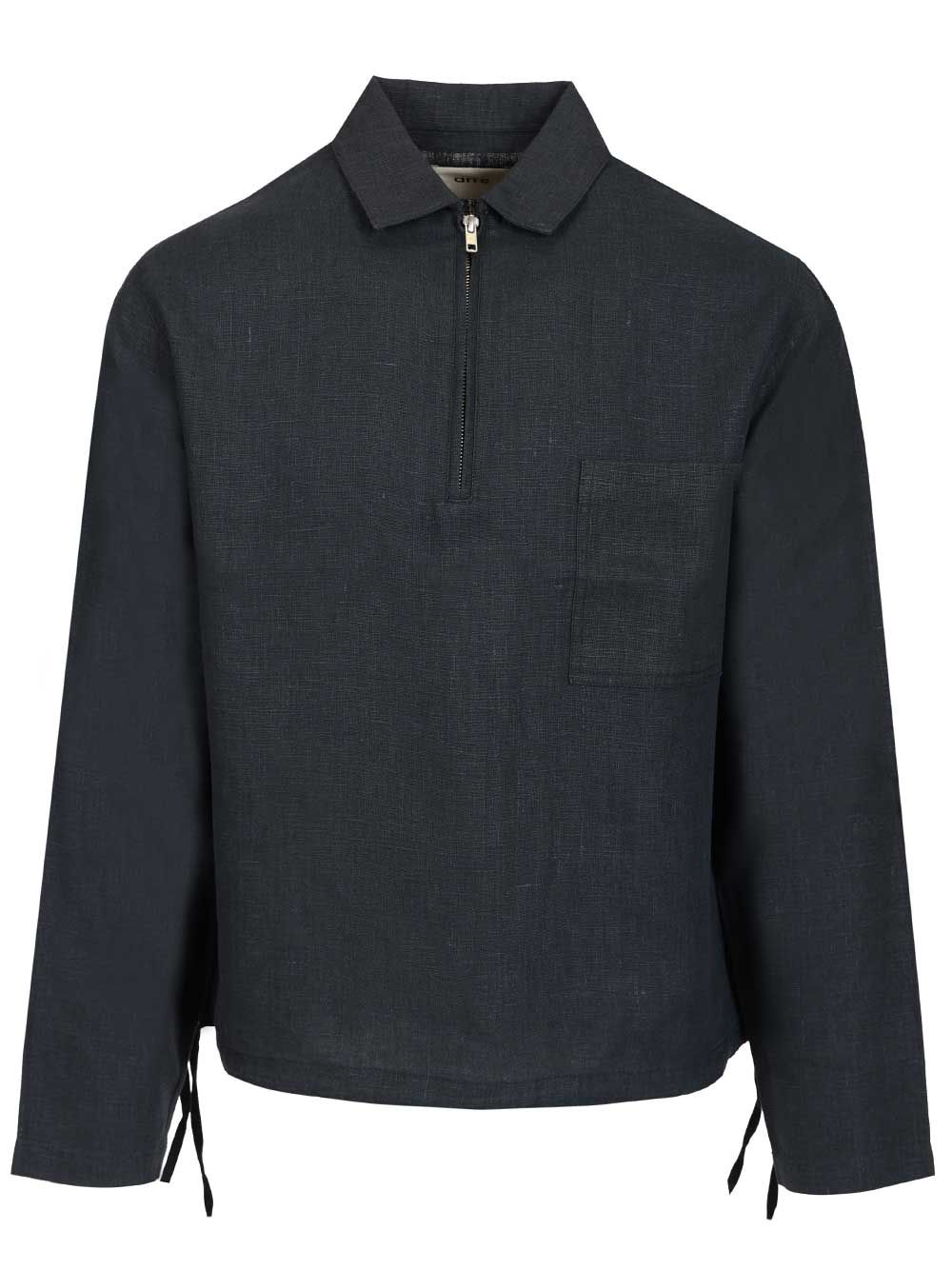 Linen Quarter Zip Pullover Blue Shirt