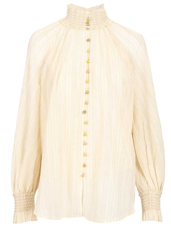Aster Blouse White Cotton Silk Metallic Fibre Shirt