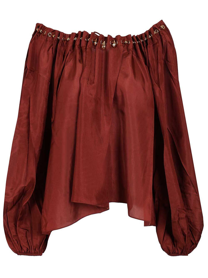 Aster Gathered Bead Blouse Bordeaux Silk Shirt
