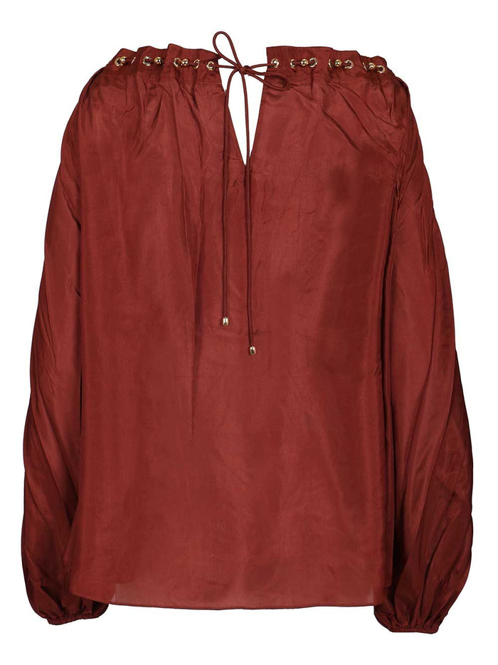 Aster Gathered Bead Blouse Bordeaux Silk Shirt