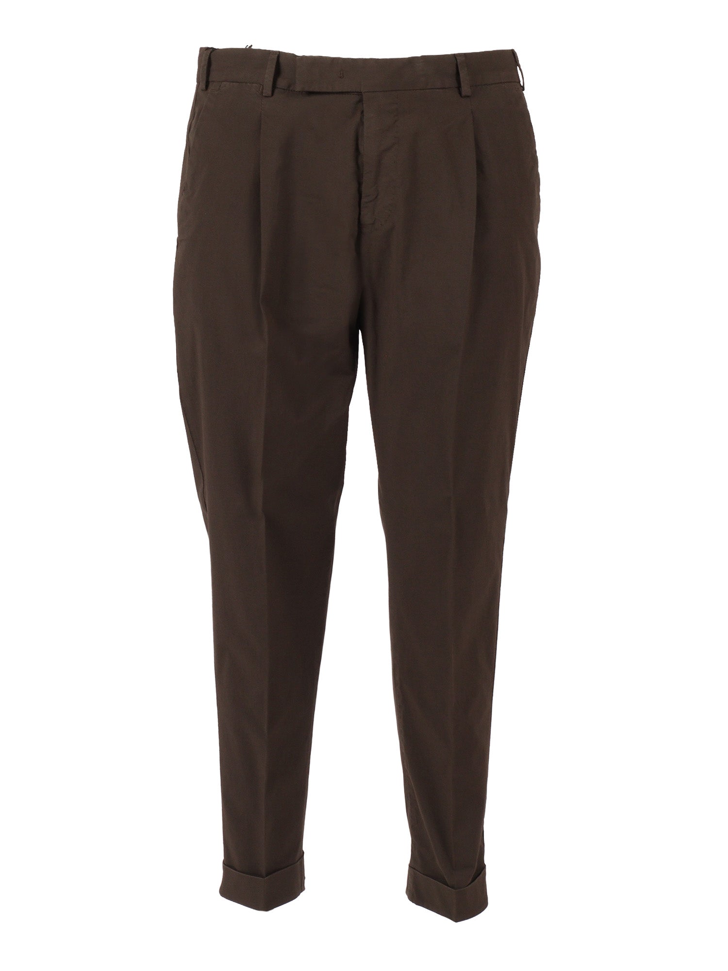 REBEL 1 Pleat, Diagonal Pockets, Flap Back Turn-Up Brown Cotton Elastane Pant