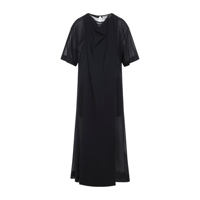 Sheer Draped Midi Dress Black Cotton