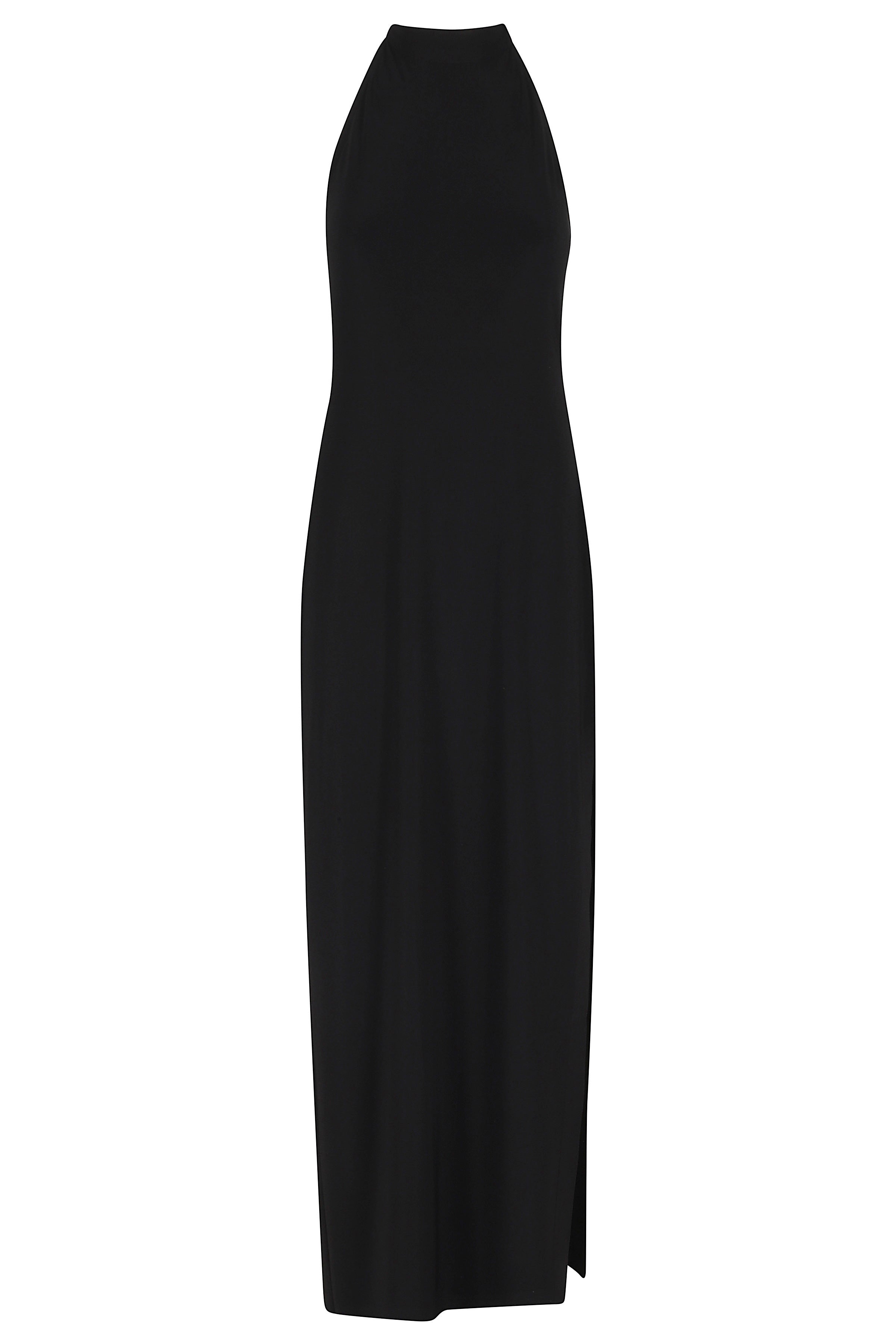 Halter Long Dress W Side Slit Black Cotone Elastan Abito