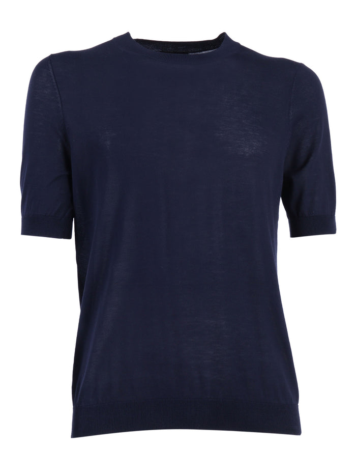 Short Sleeve Pullover Blue Cotton Turtleneck