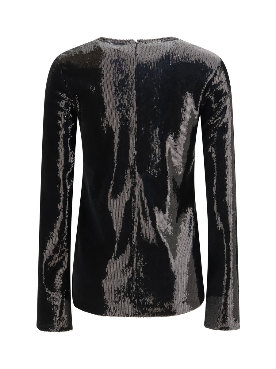 Long-Sleeved Sequin Top Black Polyester Shirt