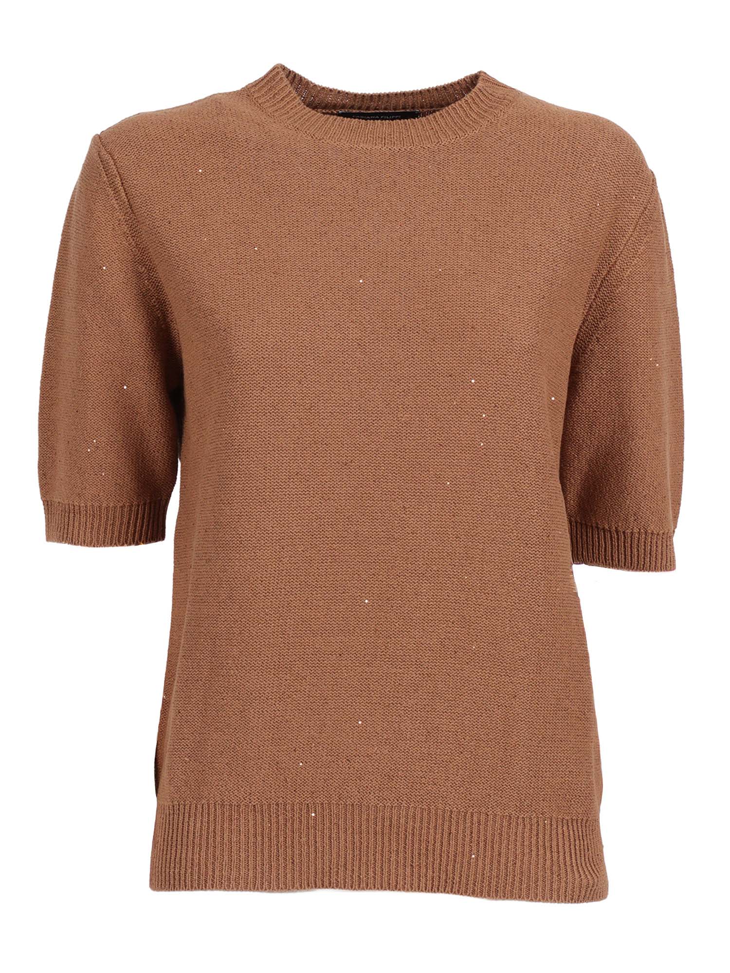 SEQUIN SHORT SLEEVE CREW NECK SWEATER Beige Cotton Linen Polyester Crewneck