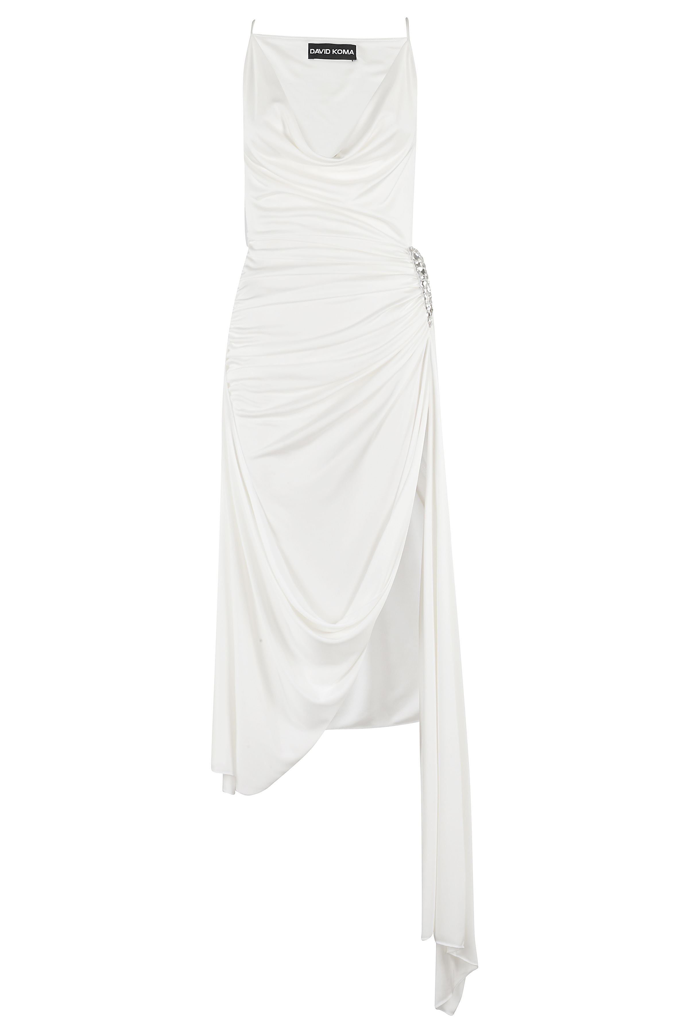Crystal Claw Embr Detail Asymmetric Gown White Viscosa Abito