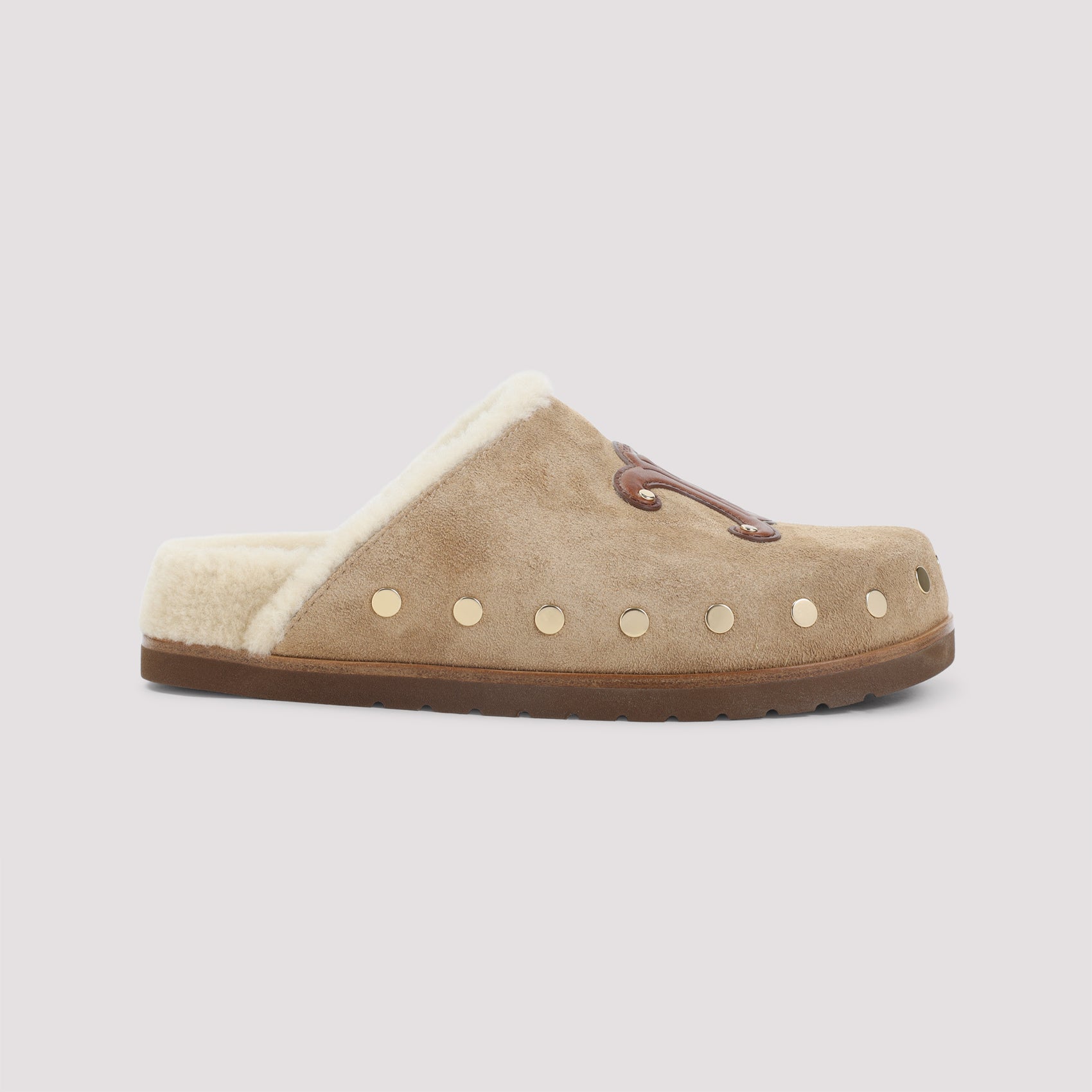 Triomphe Wedge 15mm Mules Brown Suede Leather Shearling