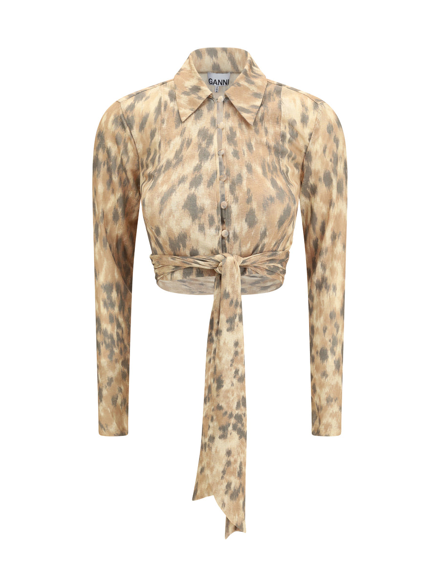 Printed Marl Mesh Tie Blouse Burro Recycled Polyester Shirt