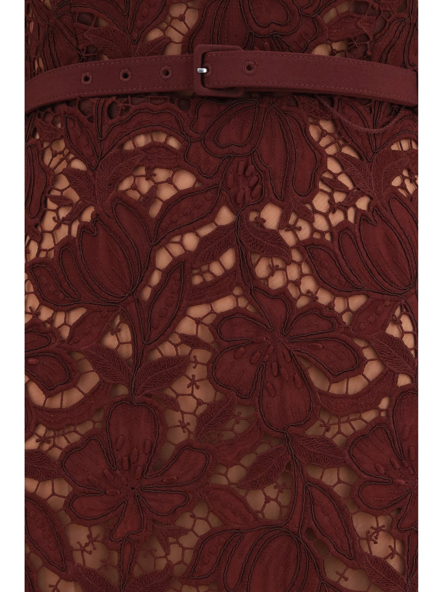 Dress Midi Lace Burgundy Polyester