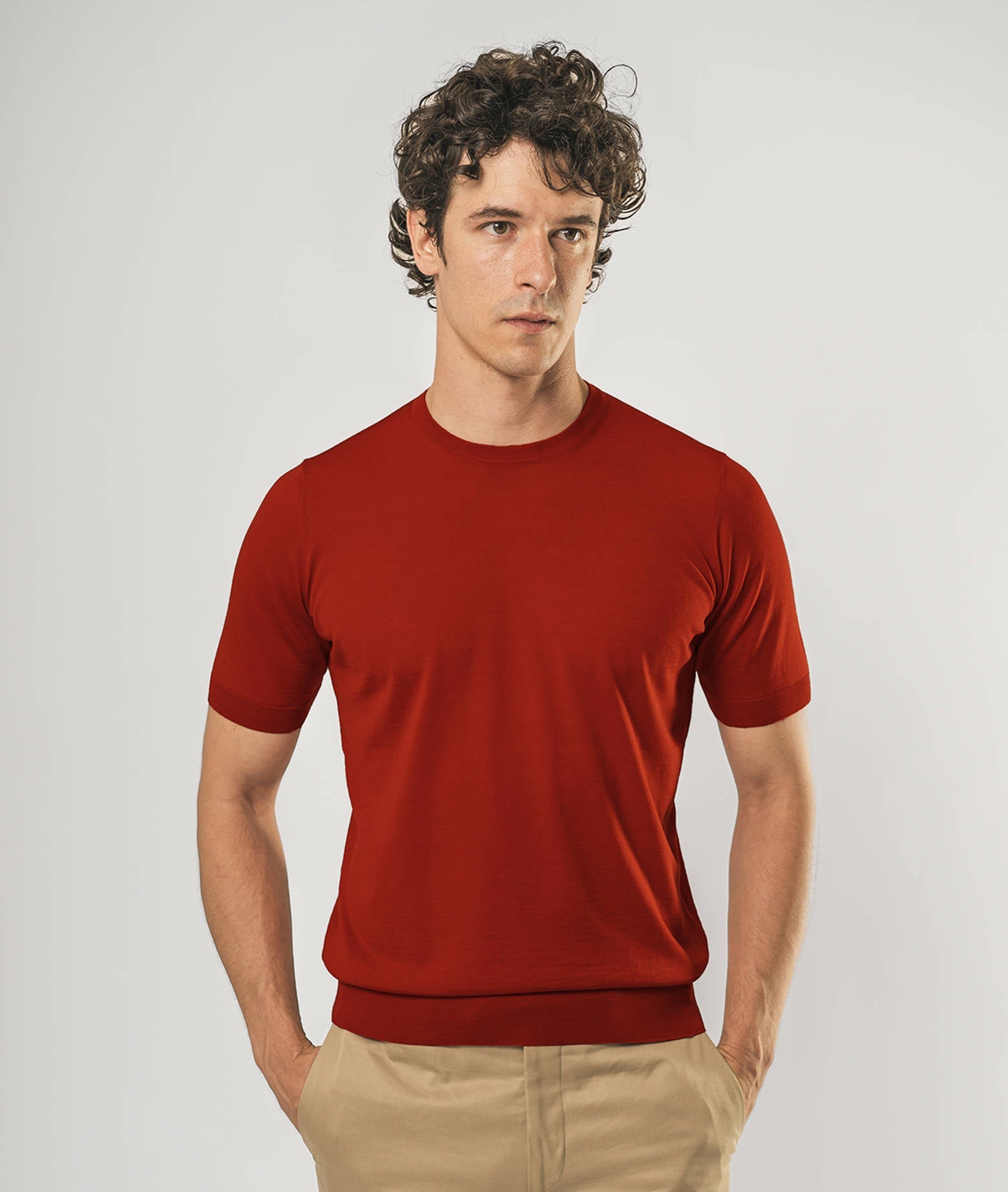 Wool T-Shirt Mentone Firebrick Round Neck