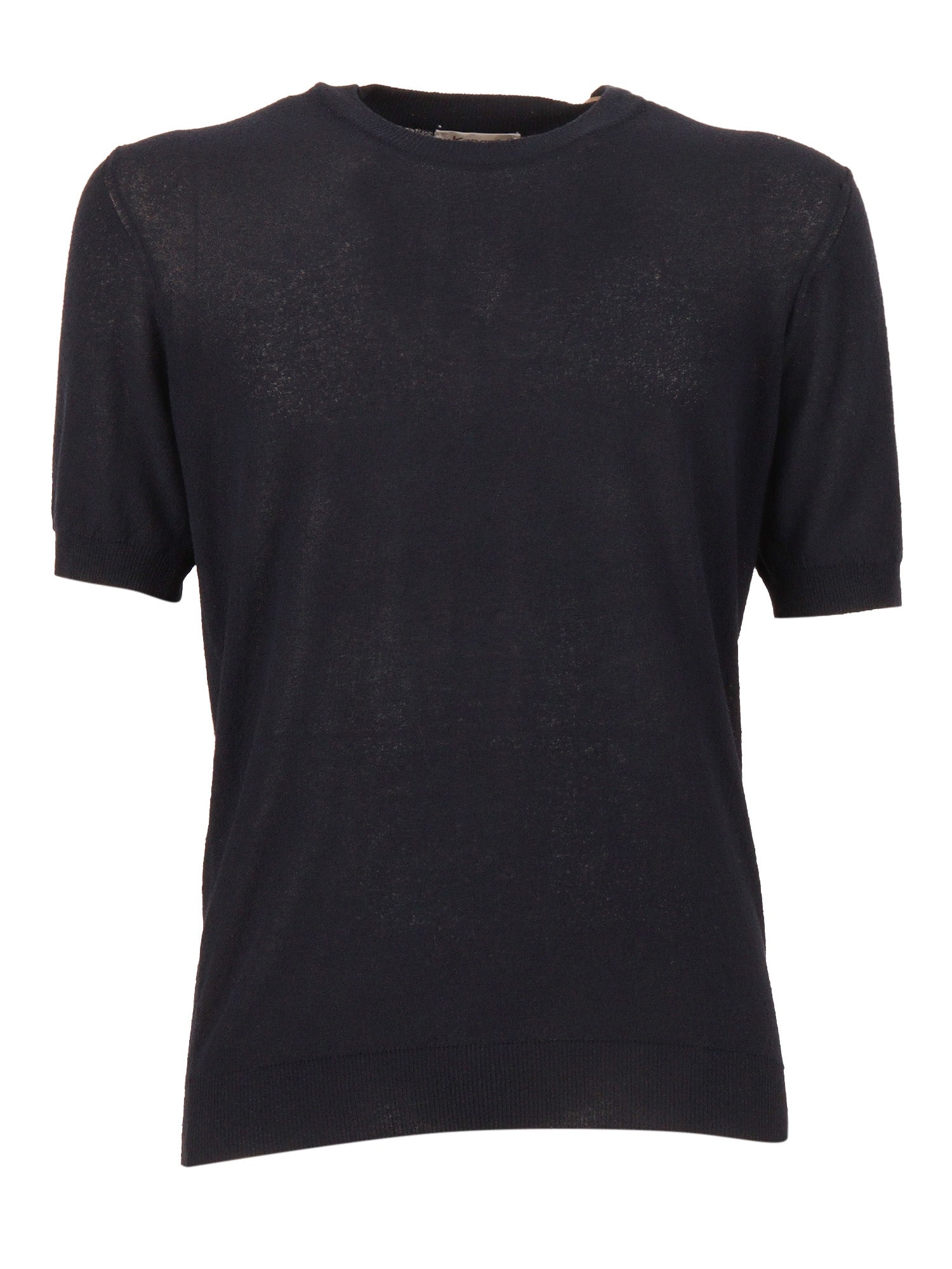 Short-Sleeved Fully-Fashioned Crew Neck Sweater Blue Cotton Polyamide Crewneck
