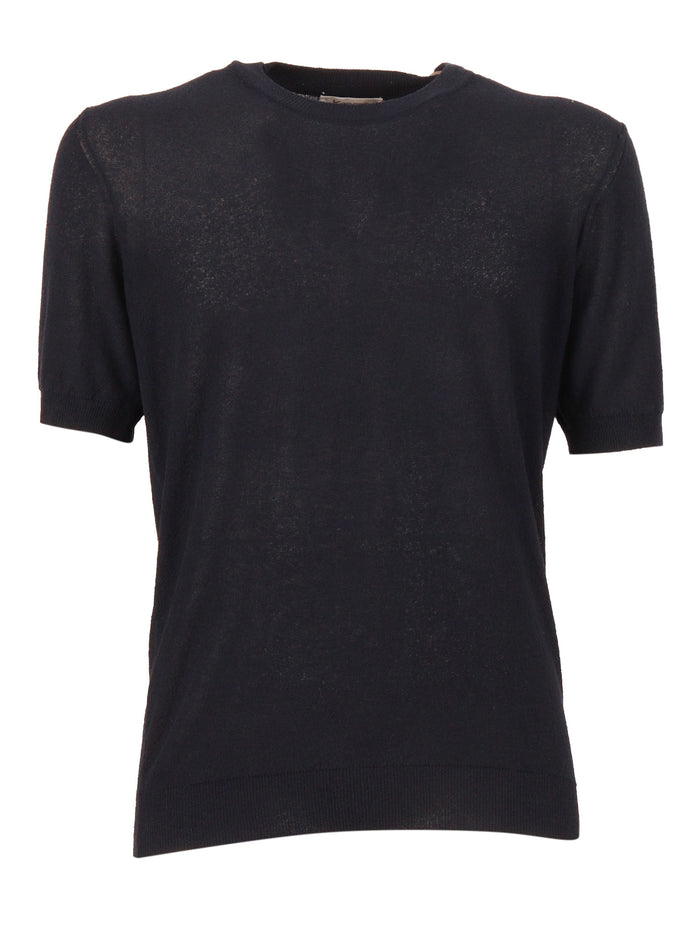Short-Sleeved Fully-Fashioned Crew Neck Sweater Blue Cotton Polyamide Crewneck