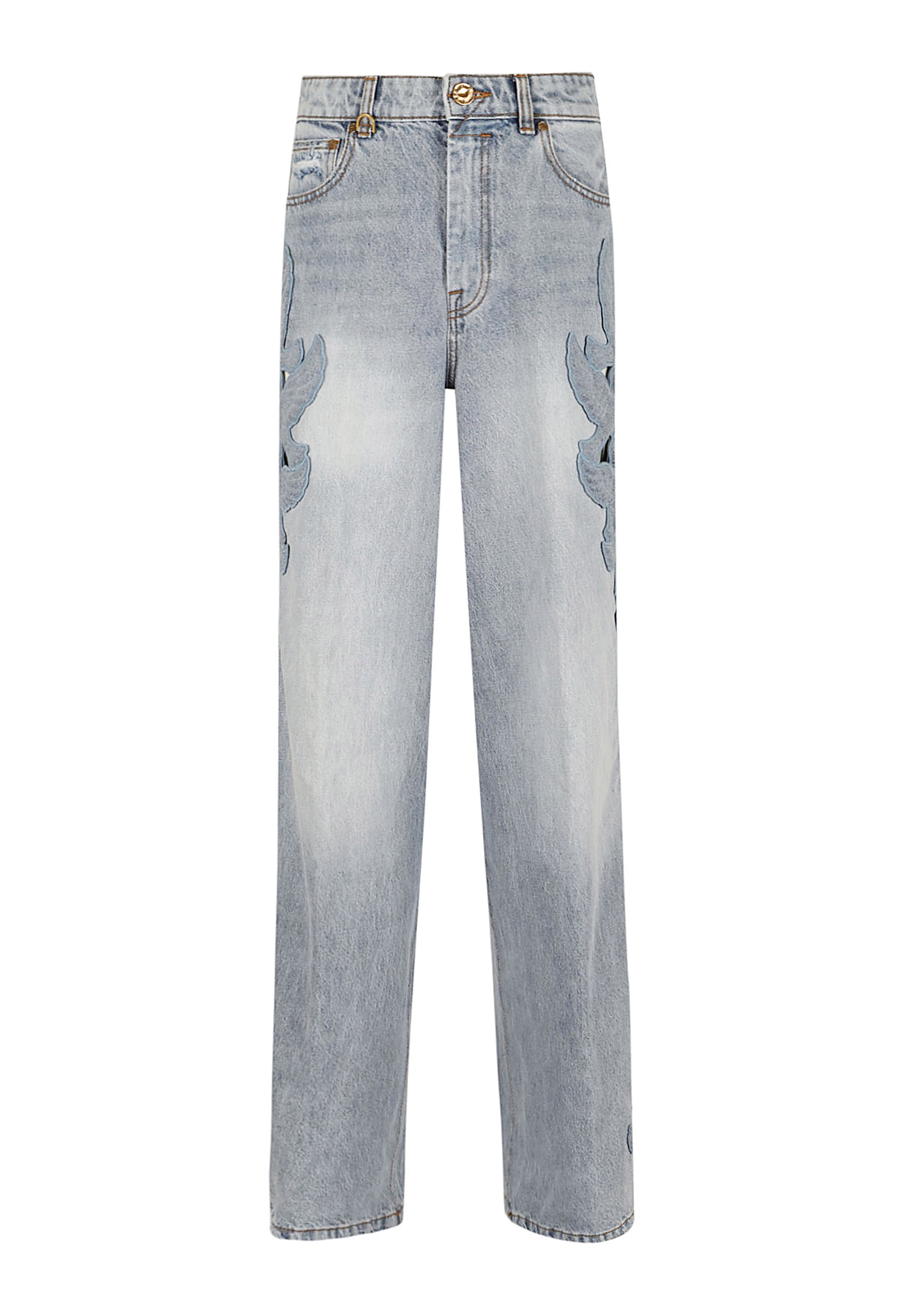 Alchemy Applique Relaxed Flare Blue Cotton Jean