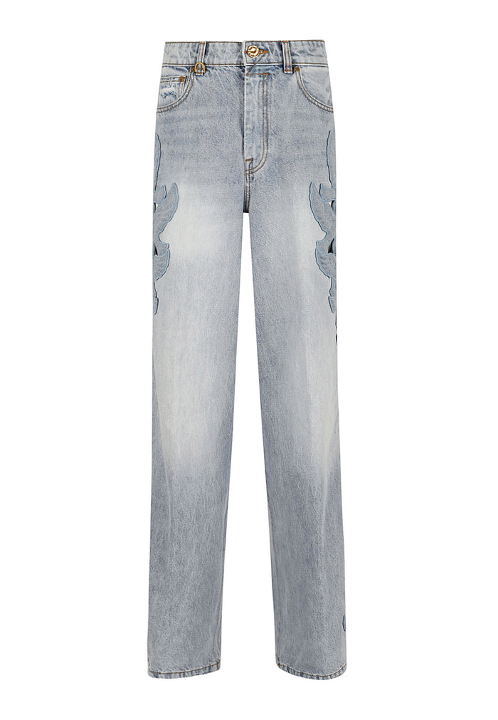 Alchemy Applique Relaxed Flare Blue Cotton Jean