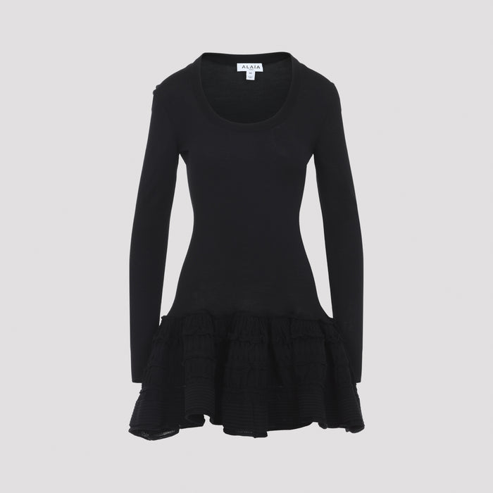 Ruffle Mini Dress Black Wool Polyamide Elastane