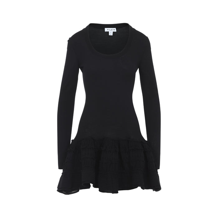 Ruffle Mini Dress Black Wool Polyamide Elastane