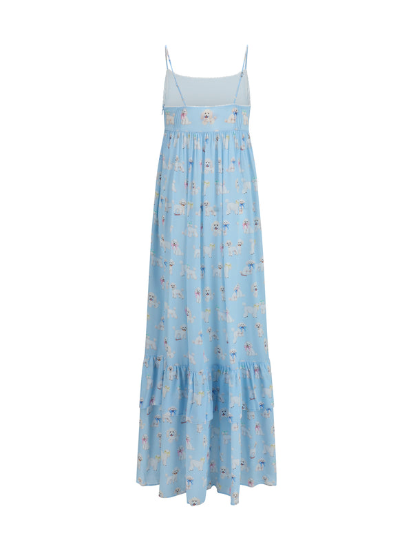Dress Poodle-Print Tiered Maxi Light Blue Viscose