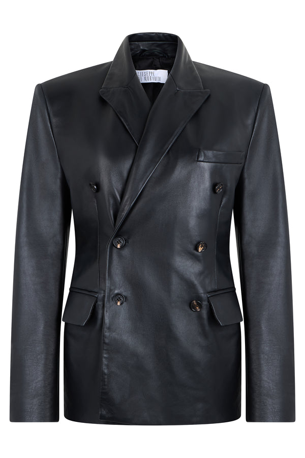 Blazer Double-Breasted Leather Black Calfskin Jackets