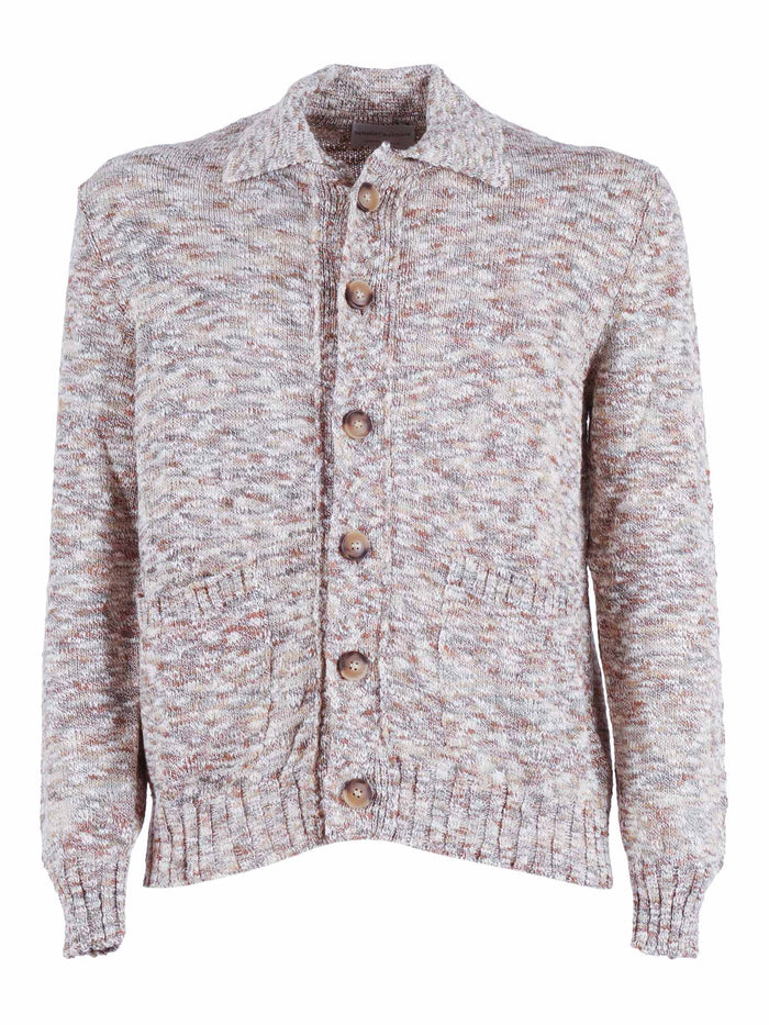 Multicolor Tweed Button-Up Jacket, Plain Knit With Polo Collar And Pockets Beige Cotton