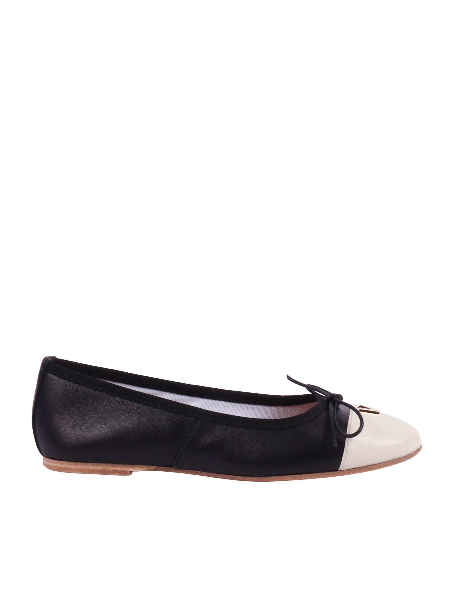 Ballerina With V Black Leather Sole Rubber Flat Shoes