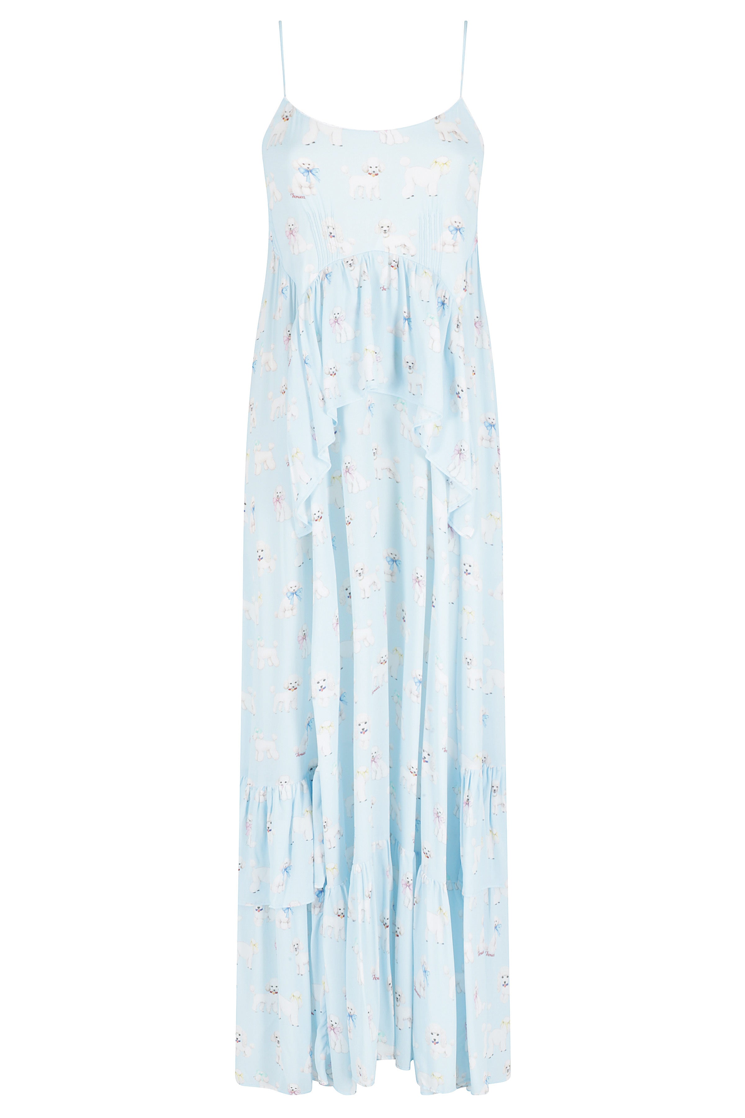 Poodle Print Ruffled Maxi Dress Blue Viscosa Abito