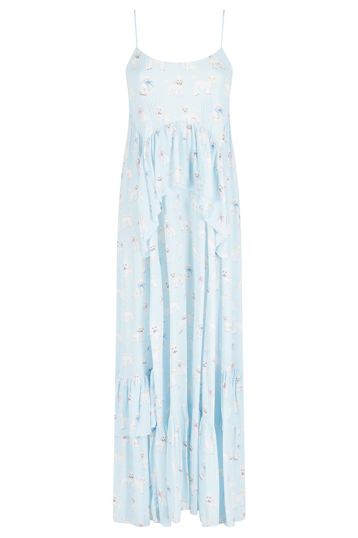 Poodle Print Ruffled Maxi Dress Blue Viscosa Abito