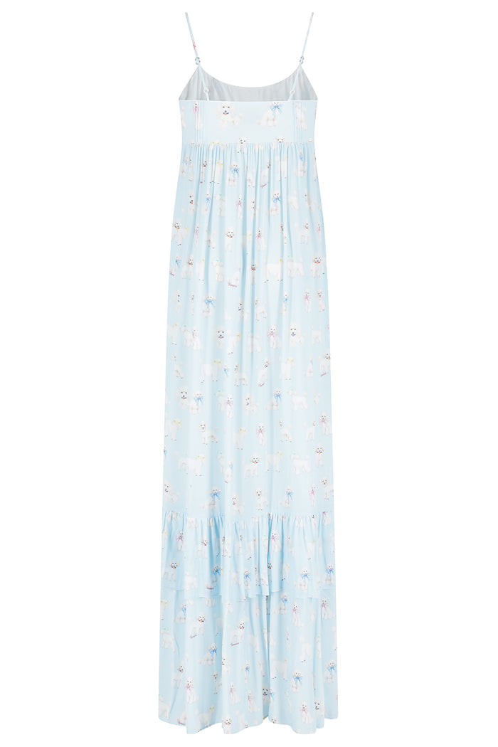 Poodle Print Ruffled Maxi Dress Blue Viscosa Abito